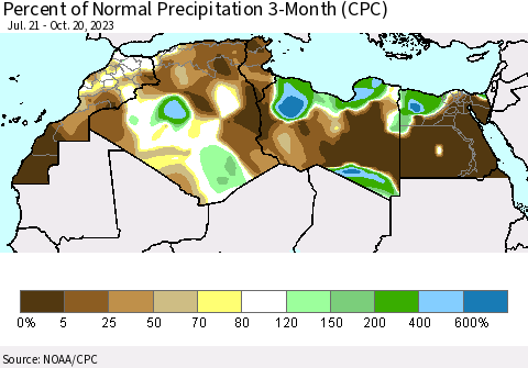 North Africa Percent of Normal Precipitation 3-Month (CPC) Thematic Map For 7/21/2023 - 10/20/2023