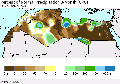 North Africa Percent of Normal Precipitation 3-Month (CPC) Thematic Map For 7/26/2023 - 10/25/2023