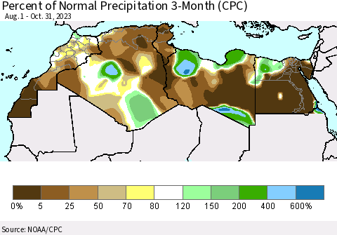 North Africa Percent of Normal Precipitation 3-Month (CPC) Thematic Map For 8/1/2023 - 10/31/2023