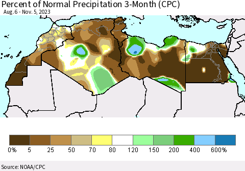 North Africa Percent of Normal Precipitation 3-Month (CPC) Thematic Map For 8/6/2023 - 11/5/2023