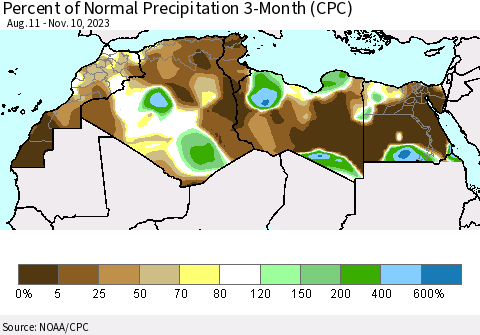 North Africa Percent of Normal Precipitation 3-Month (CPC) Thematic Map For 8/11/2023 - 11/10/2023