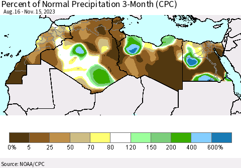 North Africa Percent of Normal Precipitation 3-Month (CPC) Thematic Map For 8/16/2023 - 11/15/2023