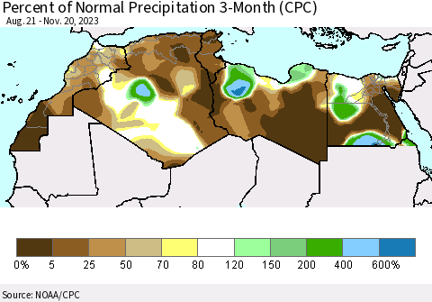 North Africa Percent of Normal Precipitation 3-Month (CPC) Thematic Map For 8/21/2023 - 11/20/2023