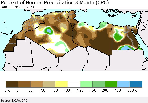 North Africa Percent of Normal Precipitation 3-Month (CPC) Thematic Map For 8/26/2023 - 11/25/2023
