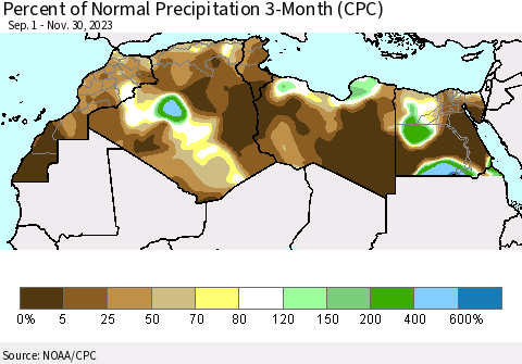 North Africa Percent of Normal Precipitation 3-Month (CPC) Thematic Map For 9/1/2023 - 11/30/2023