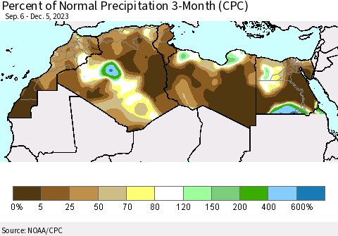 North Africa Percent of Normal Precipitation 3-Month (CPC) Thematic Map For 9/6/2023 - 12/5/2023