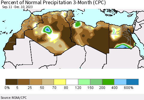 North Africa Percent of Normal Precipitation 3-Month (CPC) Thematic Map For 9/11/2023 - 12/10/2023