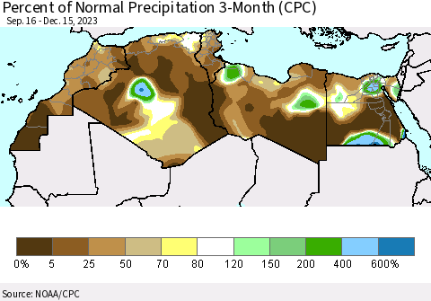 North Africa Percent of Normal Precipitation 3-Month (CPC) Thematic Map For 9/16/2023 - 12/15/2023