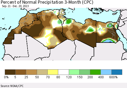 North Africa Percent of Normal Precipitation 3-Month (CPC) Thematic Map For 9/21/2023 - 12/20/2023