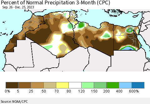 North Africa Percent of Normal Precipitation 3-Month (CPC) Thematic Map For 9/26/2023 - 12/25/2023