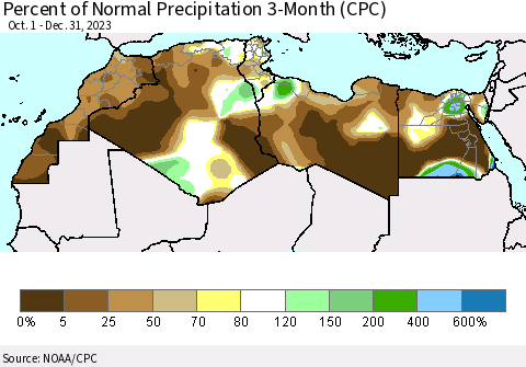 North Africa Percent of Normal Precipitation 3-Month (CPC) Thematic Map For 10/1/2023 - 12/31/2023