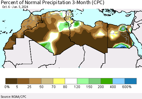 North Africa Percent of Normal Precipitation 3-Month (CPC) Thematic Map For 10/6/2023 - 1/5/2024