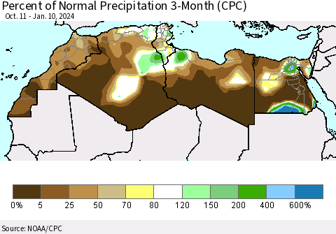 North Africa Percent of Normal Precipitation 3-Month (CPC) Thematic Map For 10/11/2023 - 1/10/2024