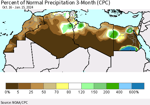 North Africa Percent of Normal Precipitation 3-Month (CPC) Thematic Map For 10/16/2023 - 1/15/2024