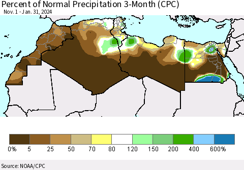North Africa Percent of Normal Precipitation 3-Month (CPC) Thematic Map For 11/1/2023 - 1/31/2024