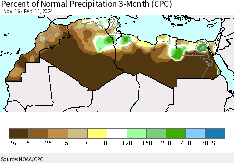 North Africa Percent of Normal Precipitation 3-Month (CPC) Thematic Map For 11/16/2023 - 2/15/2024