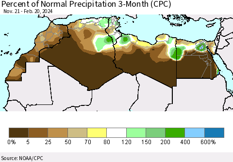 North Africa Percent of Normal Precipitation 3-Month (CPC) Thematic Map For 11/21/2023 - 2/20/2024