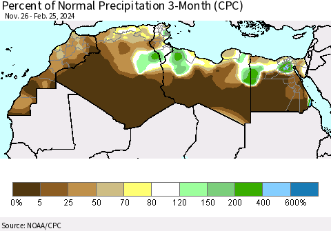North Africa Percent of Normal Precipitation 3-Month (CPC) Thematic Map For 11/26/2023 - 2/25/2024