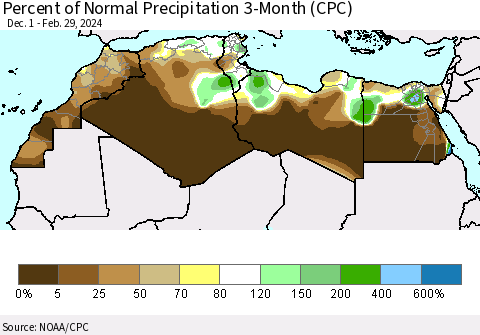 North Africa Percent of Normal Precipitation 3-Month (CPC) Thematic Map For 12/1/2023 - 2/29/2024