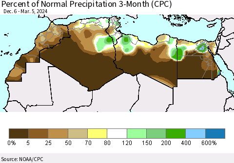 North Africa Percent of Normal Precipitation 3-Month (CPC) Thematic Map For 12/6/2023 - 3/5/2024