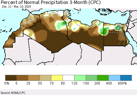 North Africa Percent of Normal Precipitation 3-Month (CPC) Thematic Map For 12/11/2023 - 3/10/2024