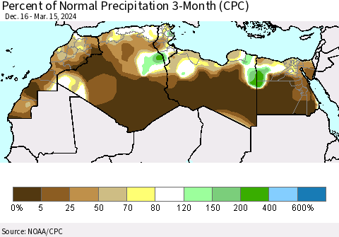 North Africa Percent of Normal Precipitation 3-Month (CPC) Thematic Map For 12/16/2023 - 3/15/2024
