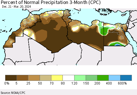 North Africa Percent of Normal Precipitation 3-Month (CPC) Thematic Map For 12/21/2023 - 3/20/2024