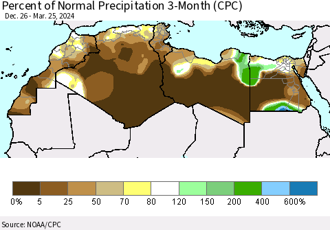 North Africa Percent of Normal Precipitation 3-Month (CPC) Thematic Map For 12/26/2023 - 3/25/2024