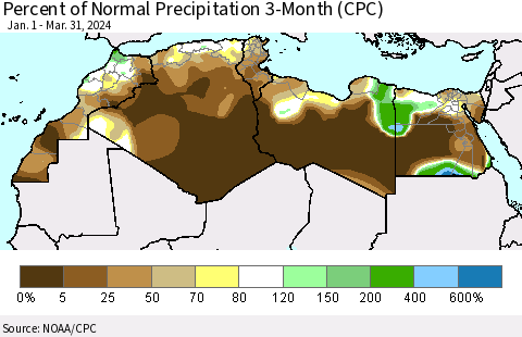 North Africa Percent of Normal Precipitation 3-Month (CPC) Thematic Map For 1/1/2024 - 3/31/2024