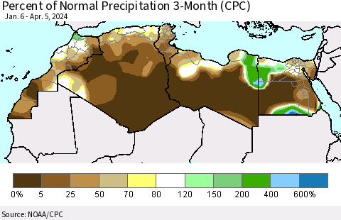 North Africa Percent of Normal Precipitation 3-Month (CPC) Thematic Map For 1/6/2024 - 4/5/2024