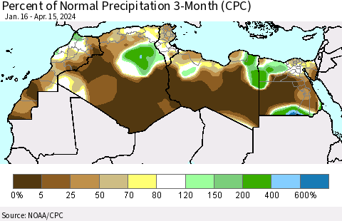 North Africa Percent of Normal Precipitation 3-Month (CPC) Thematic Map For 1/16/2024 - 4/15/2024