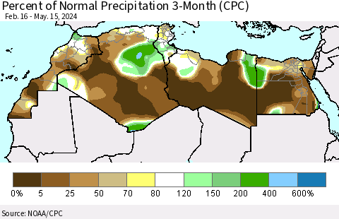 North Africa Percent of Normal Precipitation 3-Month (CPC) Thematic Map For 2/16/2024 - 5/15/2024