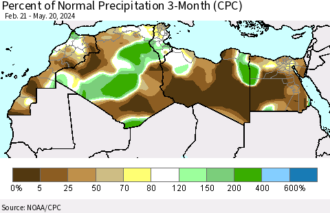 North Africa Percent of Normal Precipitation 3-Month (CPC) Thematic Map For 2/21/2024 - 5/20/2024