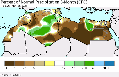 North Africa Percent of Normal Precipitation 3-Month (CPC) Thematic Map For 2/26/2024 - 5/25/2024