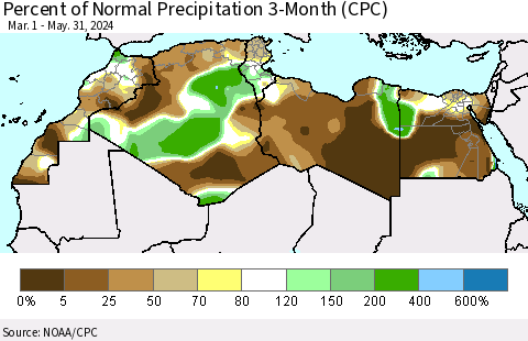 North Africa Percent of Normal Precipitation 3-Month (CPC) Thematic Map For 3/1/2024 - 5/31/2024