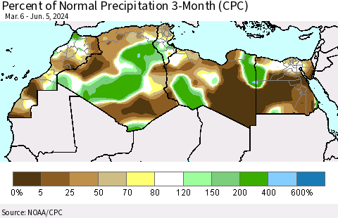 North Africa Percent of Normal Precipitation 3-Month (CPC) Thematic Map For 3/6/2024 - 6/5/2024