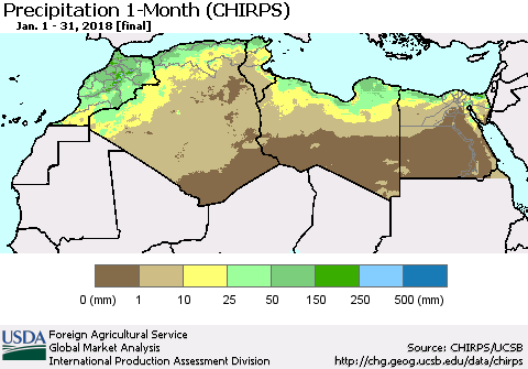 North Africa Precipitation 1-Month (CHIRPS) Thematic Map For 1/1/2018 - 1/31/2018