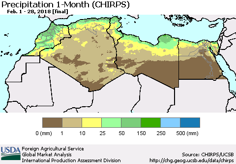 North Africa Precipitation 1-Month (CHIRPS) Thematic Map For 2/1/2018 - 2/28/2018