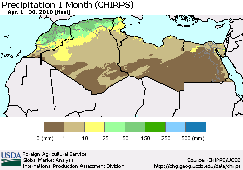 North Africa Precipitation 1-Month (CHIRPS) Thematic Map For 4/1/2018 - 4/30/2018