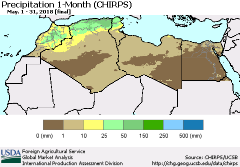 North Africa Precipitation 1-Month (CHIRPS) Thematic Map For 5/1/2018 - 5/31/2018