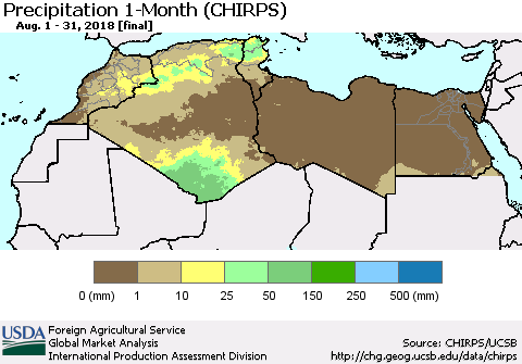 North Africa Precipitation 1-Month (CHIRPS) Thematic Map For 8/1/2018 - 8/31/2018