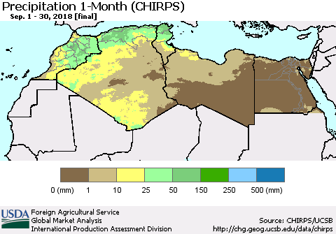 North Africa Precipitation 1-Month (CHIRPS) Thematic Map For 9/1/2018 - 9/30/2018