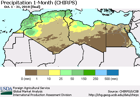 North Africa Precipitation 1-Month (CHIRPS) Thematic Map For 10/1/2018 - 10/31/2018