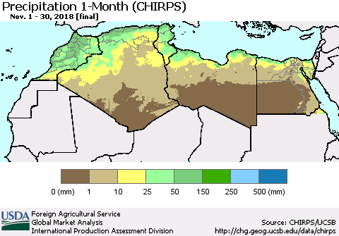 North Africa Precipitation 1-Month (CHIRPS) Thematic Map For 11/1/2018 - 11/30/2018