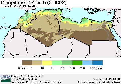 North Africa Precipitation 1-Month (CHIRPS) Thematic Map For 2/1/2019 - 2/28/2019