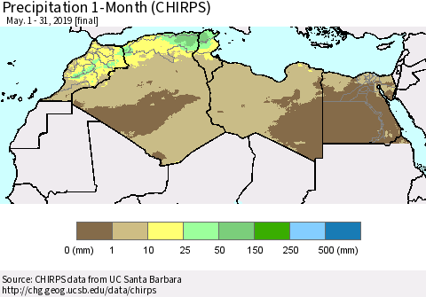 North Africa Precipitation 1-Month (CHIRPS) Thematic Map For 5/1/2019 - 5/31/2019