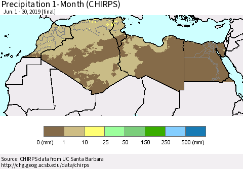 North Africa Precipitation 1-Month (CHIRPS) Thematic Map For 6/1/2019 - 6/30/2019