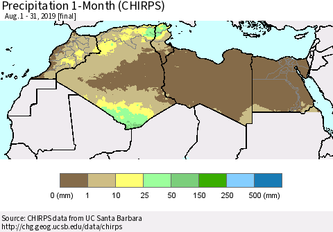 North Africa Precipitation 1-Month (CHIRPS) Thematic Map For 8/1/2019 - 8/31/2019