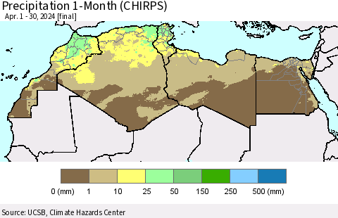 North Africa Precipitation 1-Month (CHIRPS) Thematic Map For 4/1/2024 - 4/30/2024