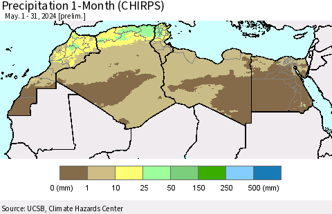 North Africa Precipitation 1-Month (CHIRPS) Thematic Map For 5/1/2024 - 5/31/2024
